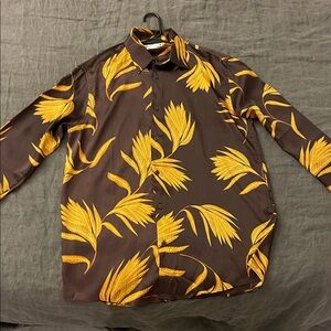 Zara Men’s Brown Gold Palm Leaf Print Button Down Shirt